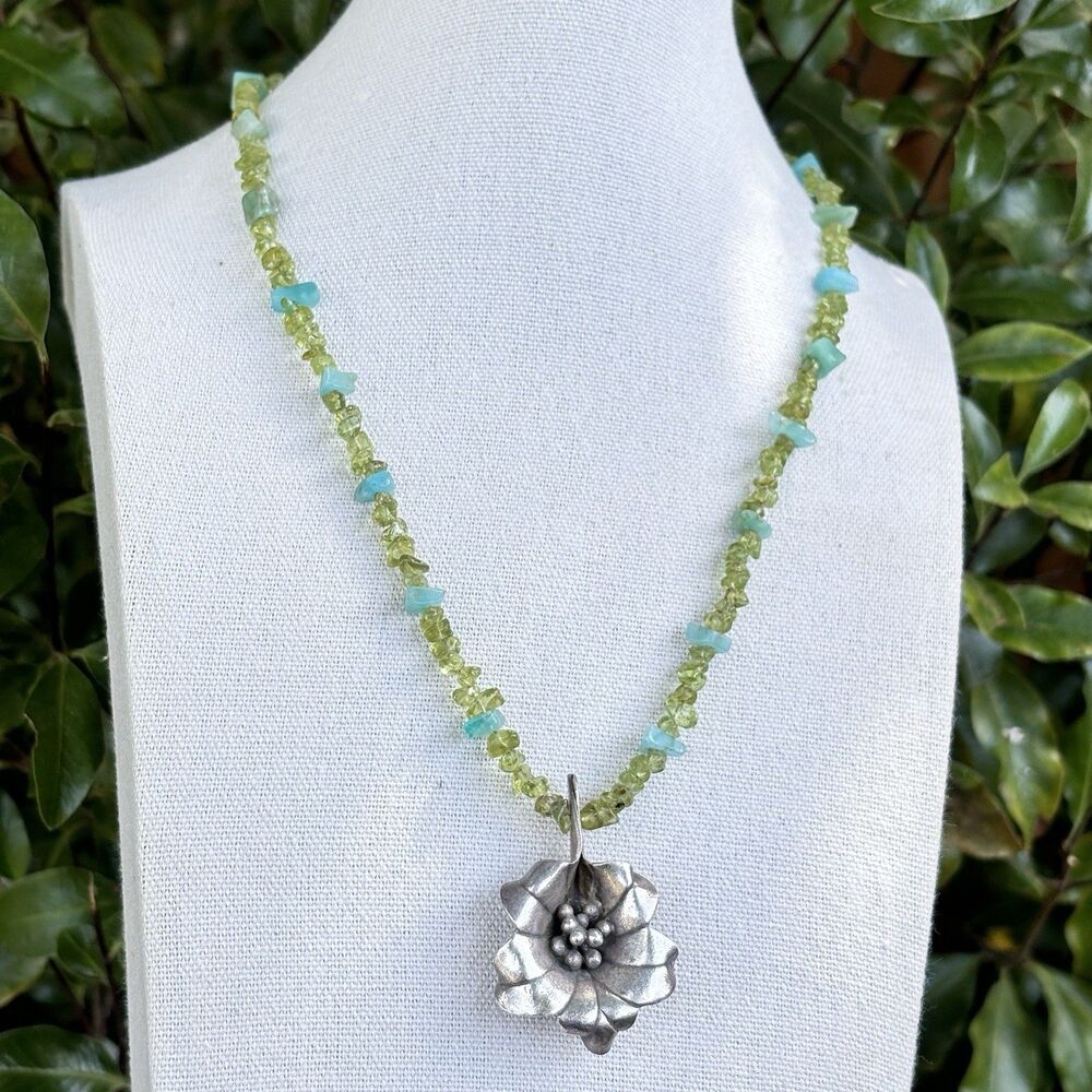 Sterling Silver Pendant Necklace Peridot Amazonite Gemstone Floral 18in